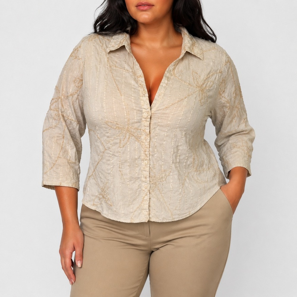Lemon Grass Studio Button Up Shirt Women XL Cream Floral Embroidery Point Collar